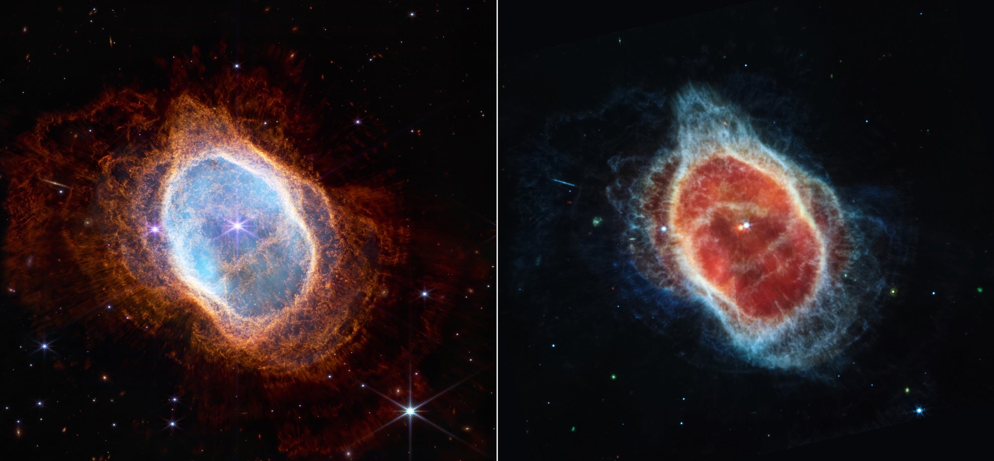 Du James Webb kosminio teleskopo vaizdai į Pietų žiedo ūką raudonai ir mėlynai