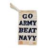 Small white banner with "go army beat navy" embroidered in blue letters