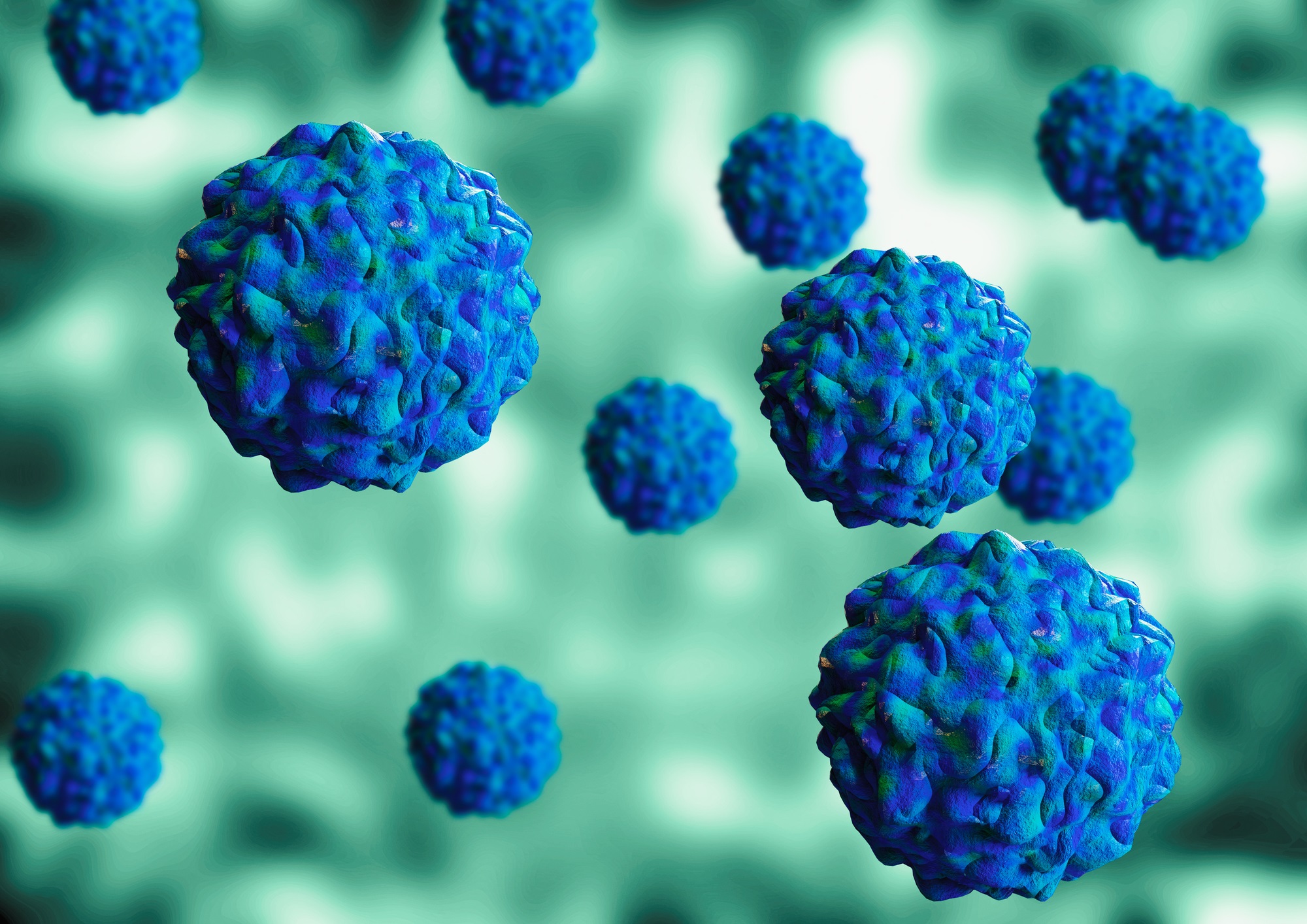 Poliovirus particles in blue and green in a digital rendering
