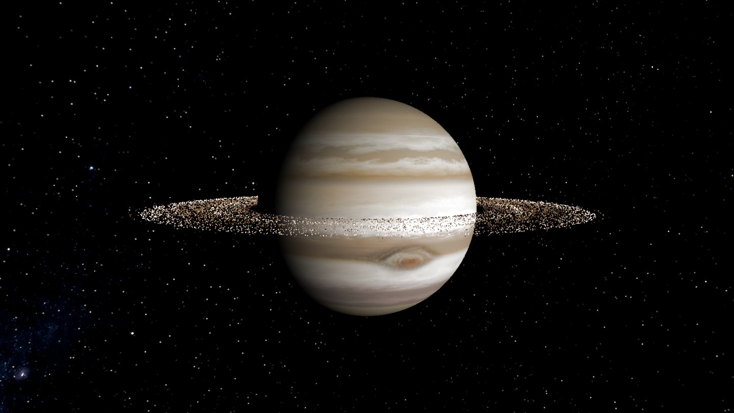 An illustration of what Jupiter would look like with Saturn-size rings.
