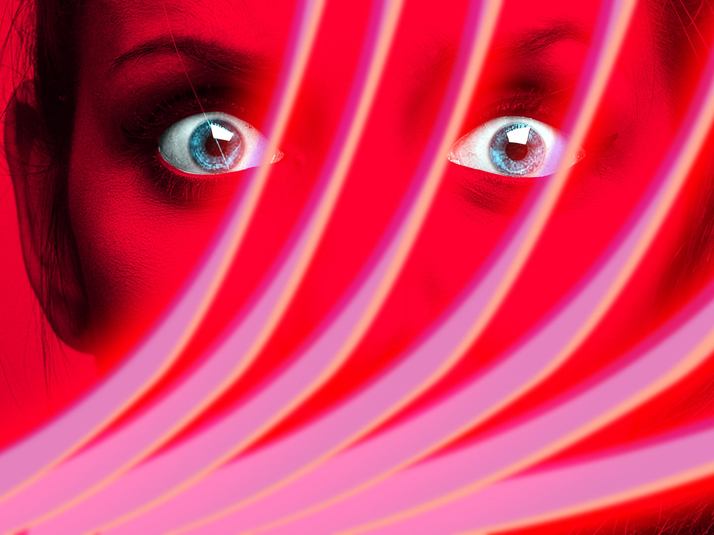 A woman expressing shock and brain tingling under sound waves of the Shepard Tone in red and pink