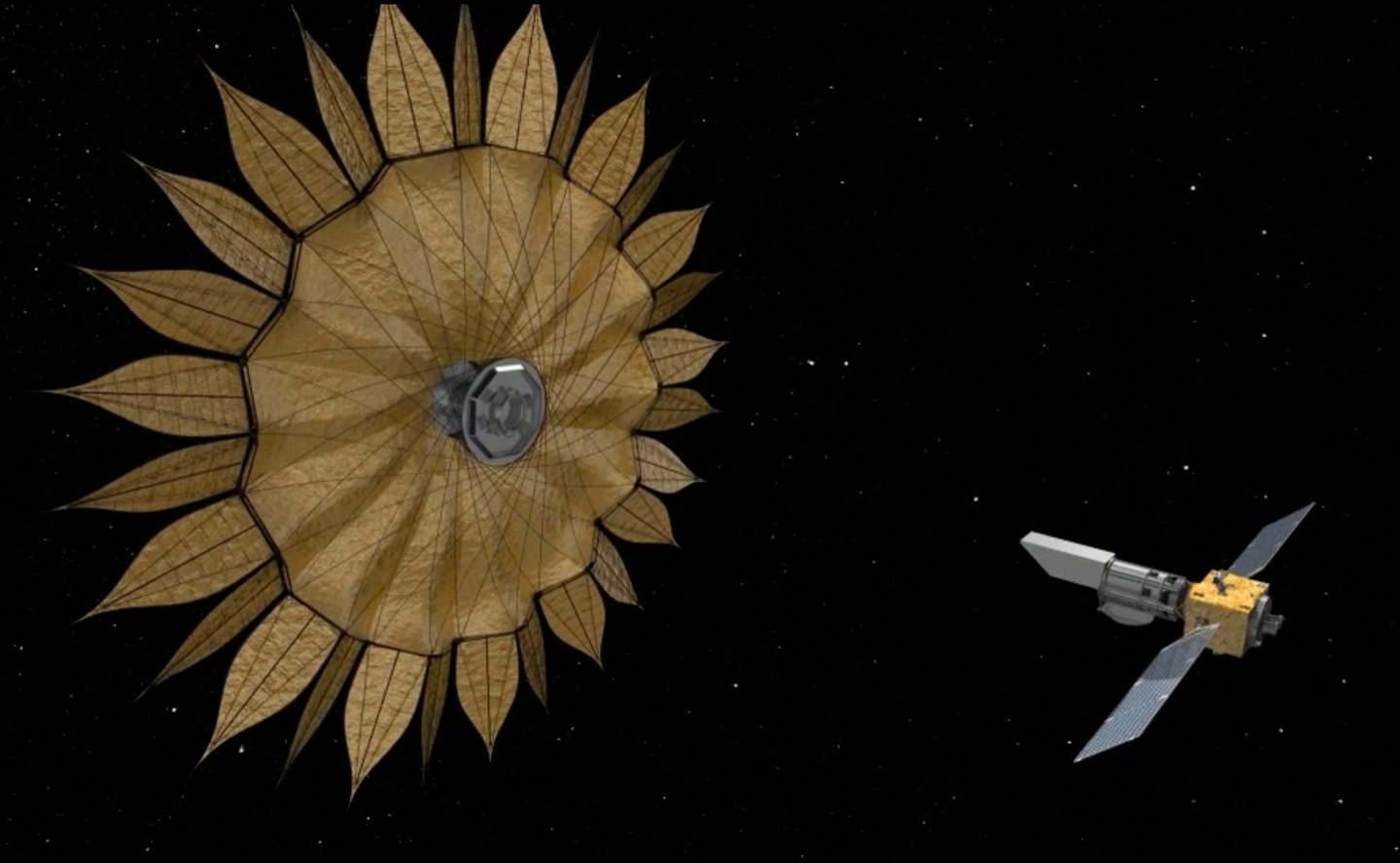 a large sunflower-shaped shade that unfurled from a satellite in space