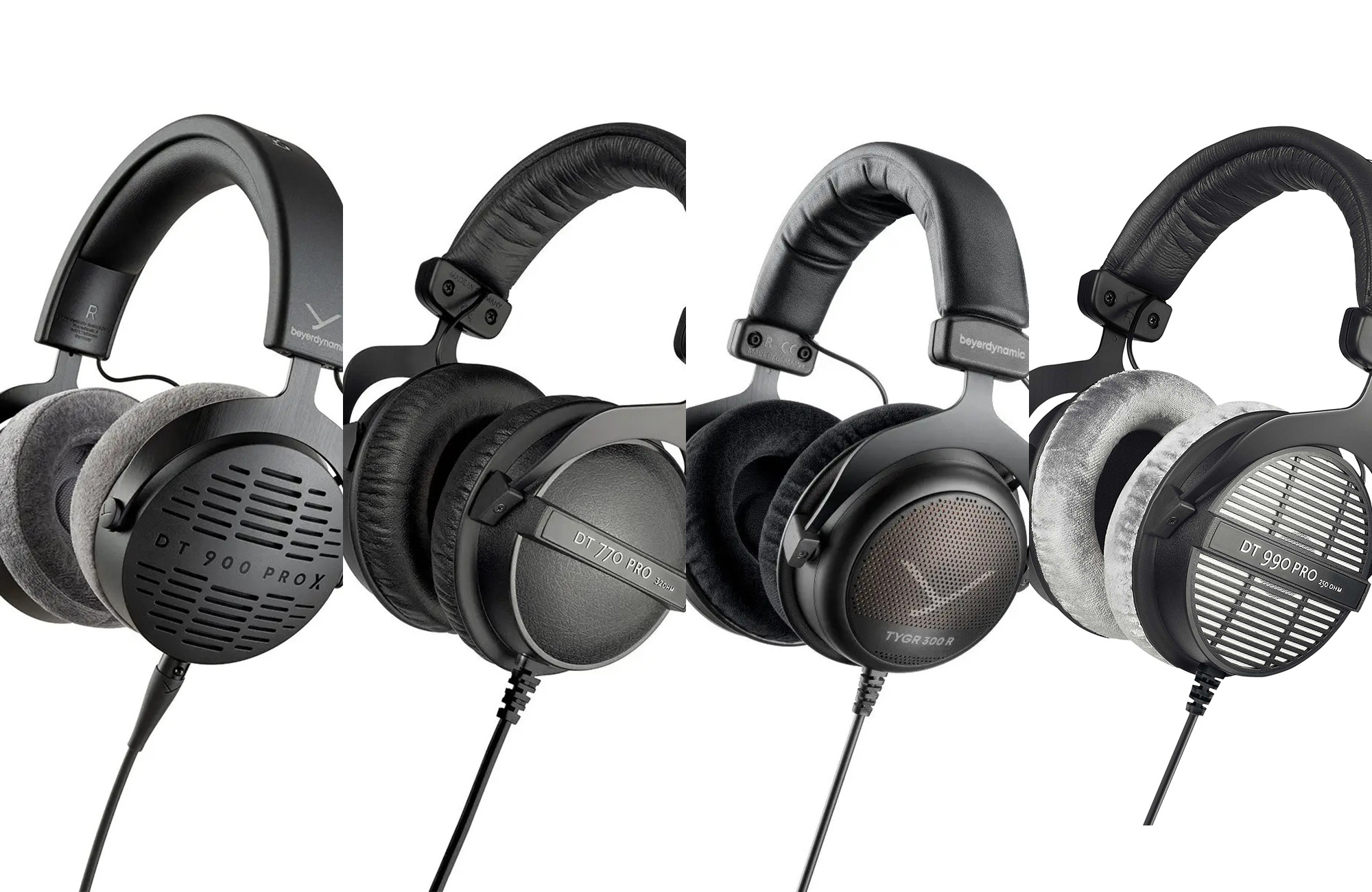 A line-up of headphones on a white background
