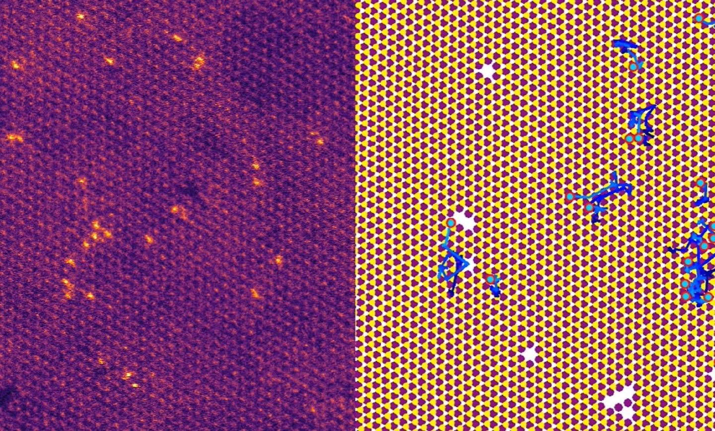 Platinum atoms and liquid graphene seen in red and purple under a microscope next to a graphic of material particle locations