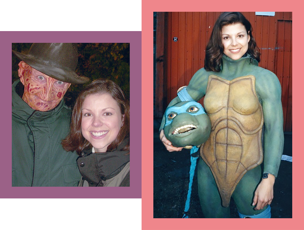 McMichael with Freddie Krueger and in a Ninja Turtles suit