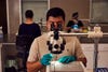 Scientist counts mosquitoes in lab with microscope