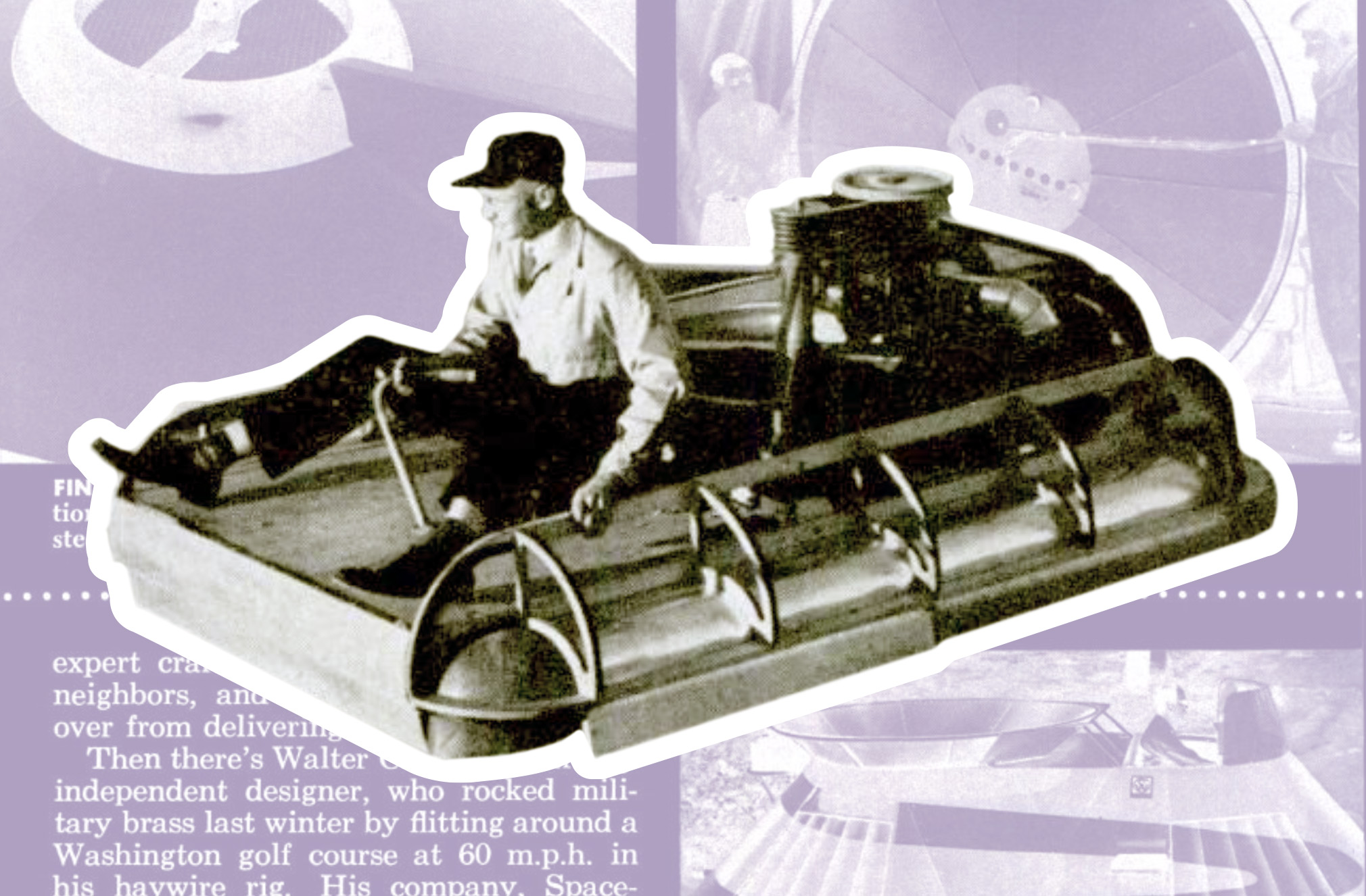a black, white and purple designed image of a man driving a levitating car