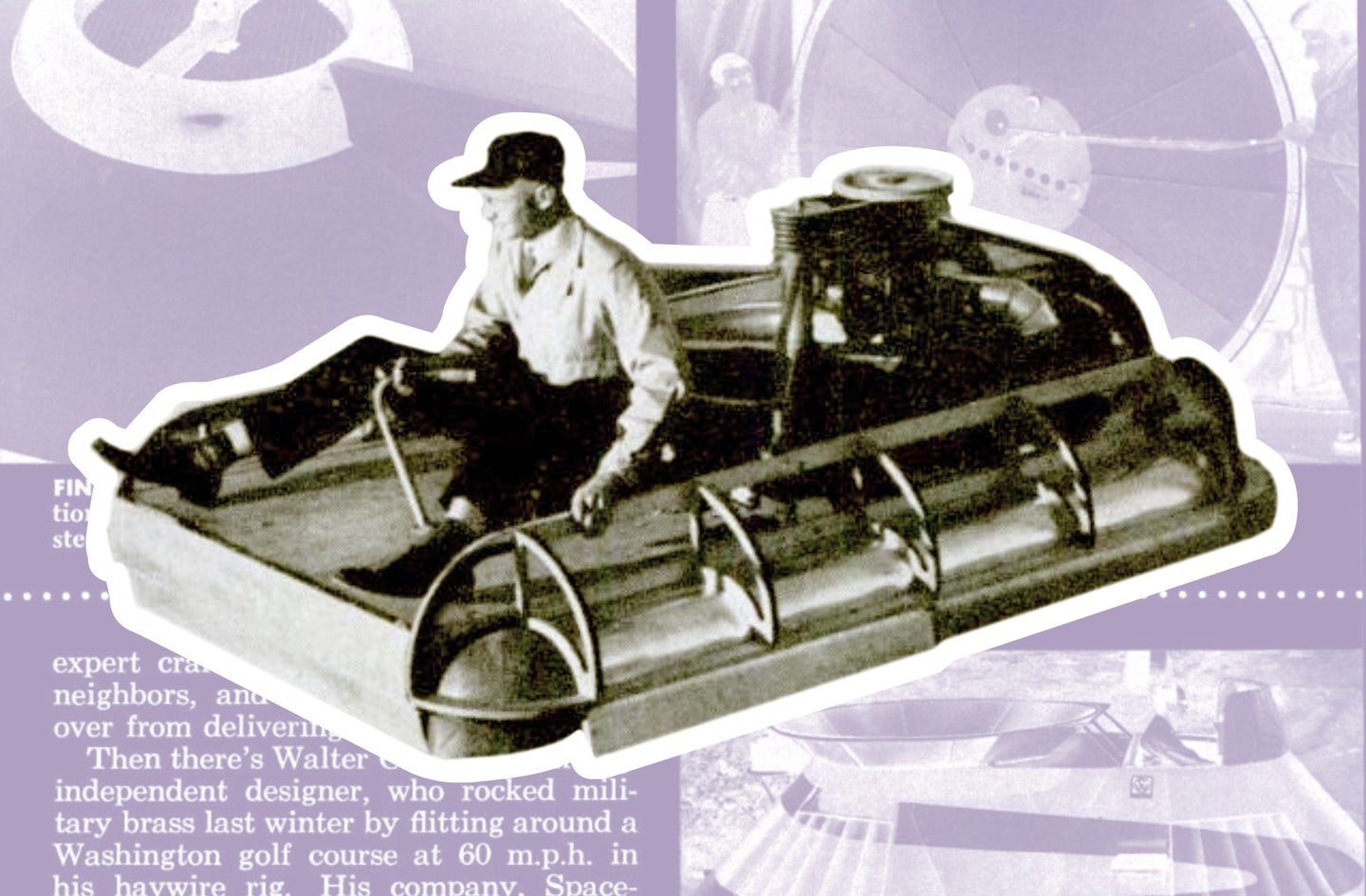 a black, white and purple designed image of a man driving a levitating car