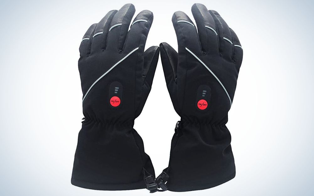 A pair of black Savior Thick Battery Heated Leather Gloves on a plain background