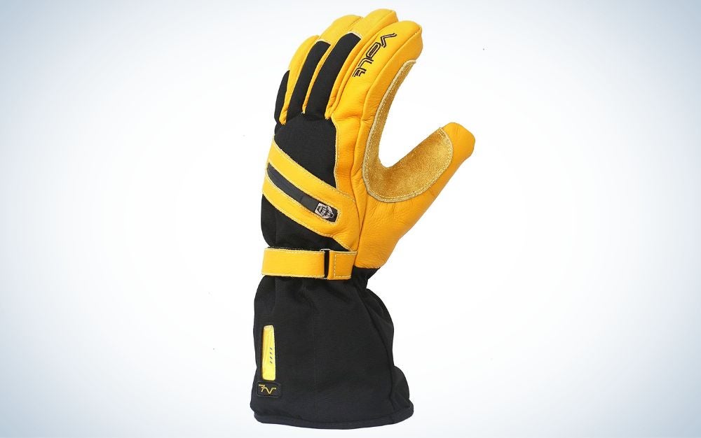 A pair of yellow Volt Resistance Work 7v Leather Heated Gloves on a plain blue background.