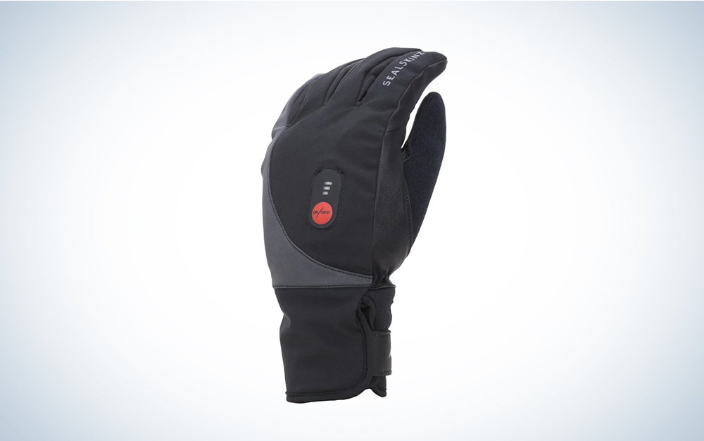A pair of Sealskinz Waterproof Heated Cycling Gloves on a plain background