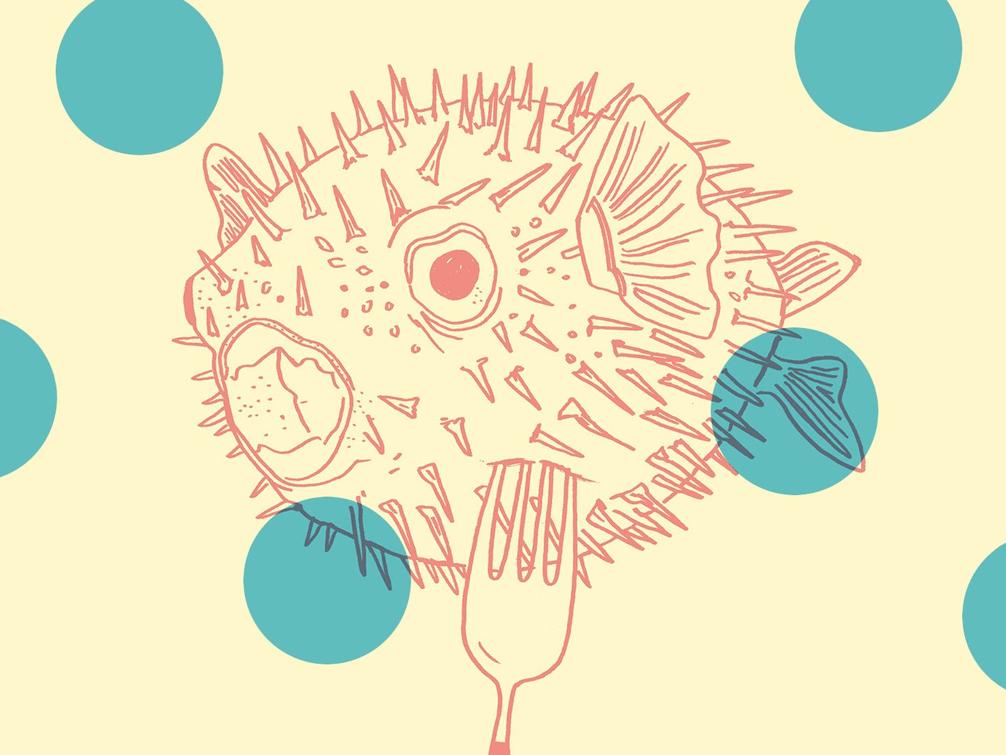 illustration of pufferfish on a fork