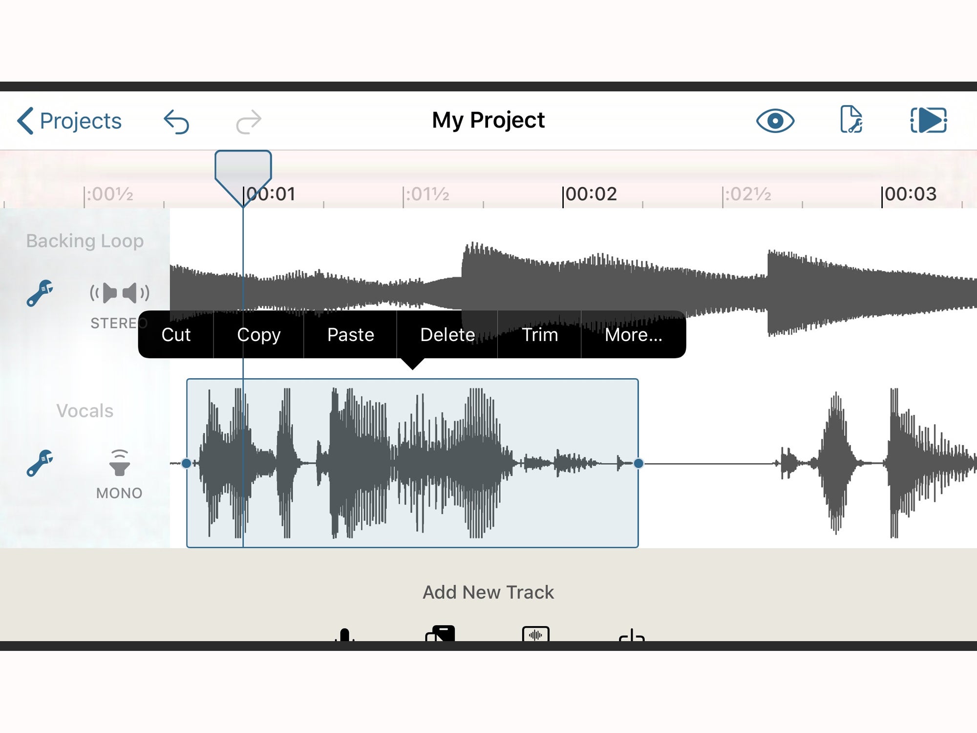 The audio-editing interface within the Hokusai app.