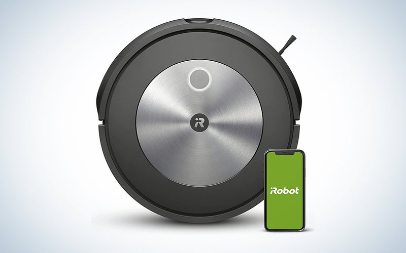 A WiFi compatible Roomba on a blue and white gradient background