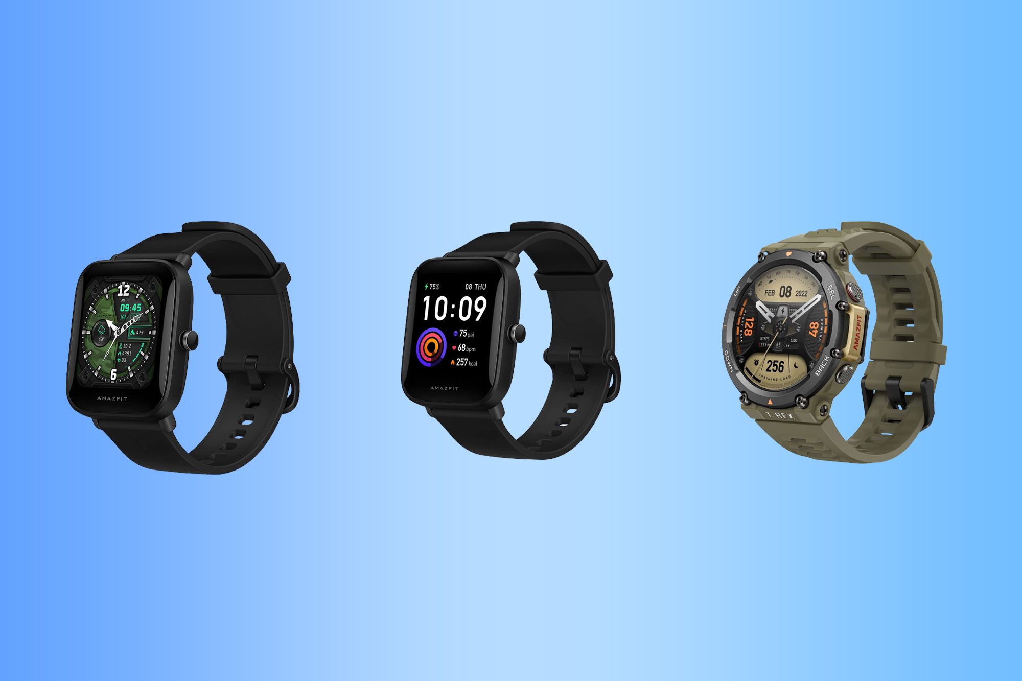 Three smartwatches lined up on a blue gradient background