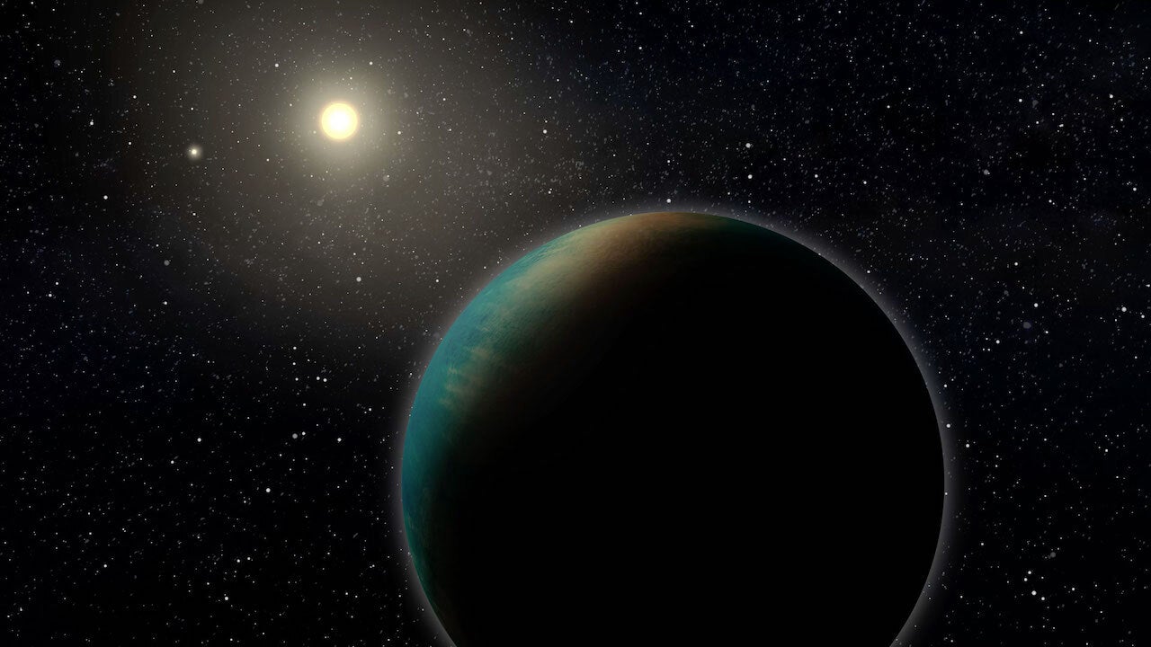 Artistic rendition of the exoplanet TOI-1452 b, a small planet that may be entirely covered in a deep ocean. 