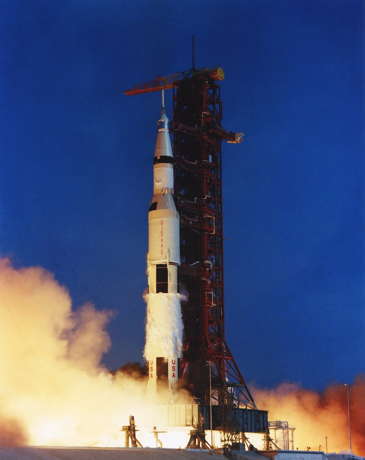 The Saturn V rocket blasts off from Cape Canaveral for the Apollo 11 mission
