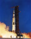 Saturn V rocket blasting off from Cape Canaveral for the Apollo 11 mission