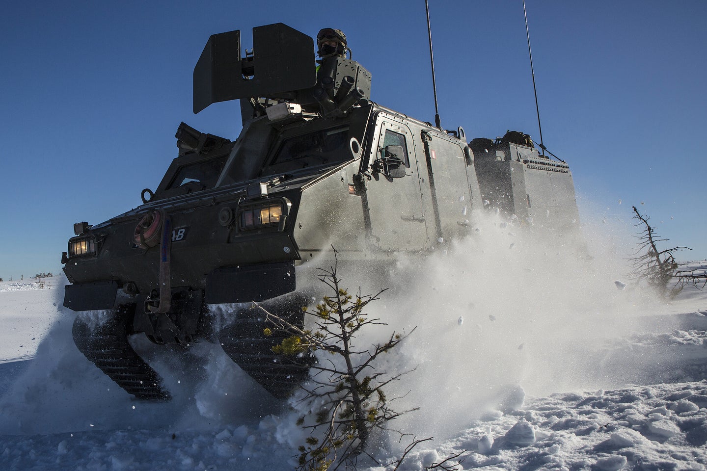 A BvS10, seen here in 2018 in Norway. The Beowulf vehicle is similar, but unarmored. 