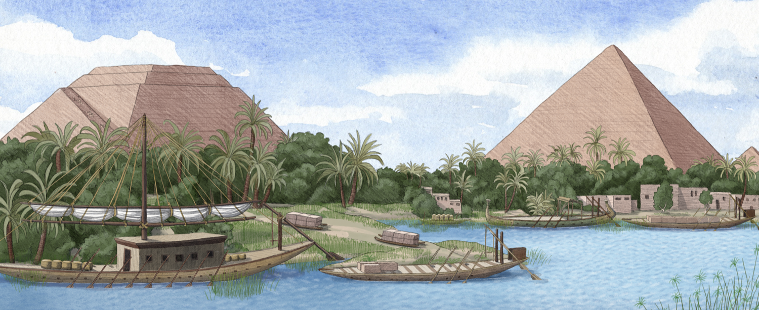 a color illustration of a waterway along the nile with some lush plants. in the background is a completed pyramid and a larger one under construction