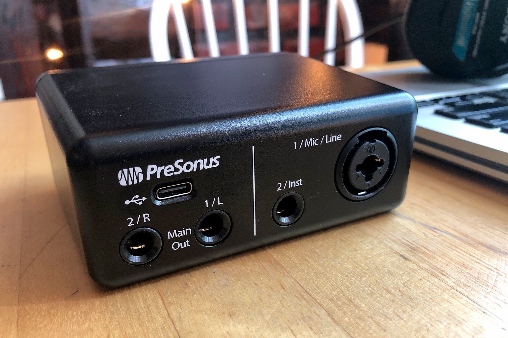 PreSonus AudioBox GO rear panel sitting on a table