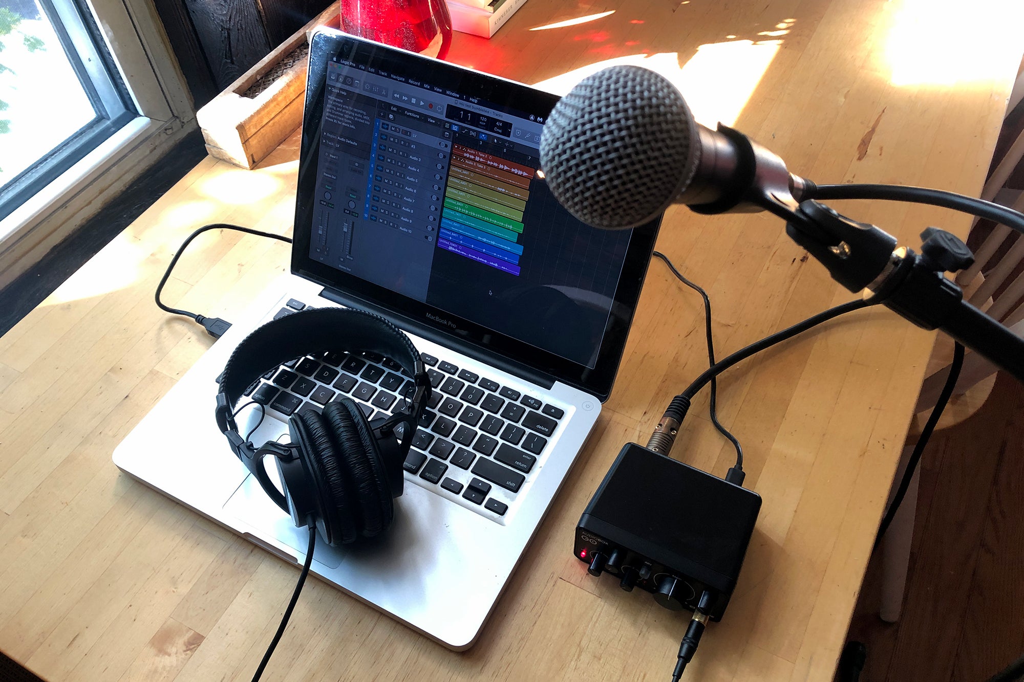 PreSonus AudioBox GO with a MacBook, microphone and headphones