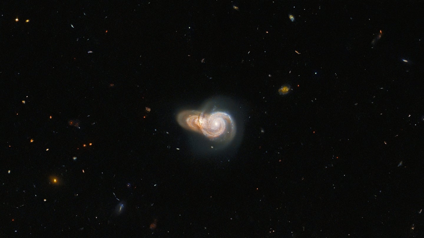 Two overlapping spiral galaxies (SDSS J115331 and LEDA 2073461).