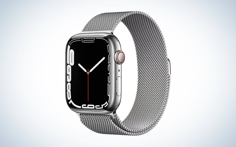 A Series 7 Apple Watch with silver stainless steel case with silver Milanese loop on a blue and white gradient background