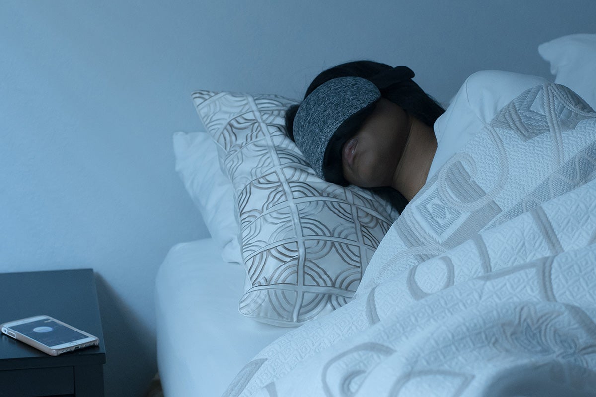 A person wearing a sleep mask while sleeping
