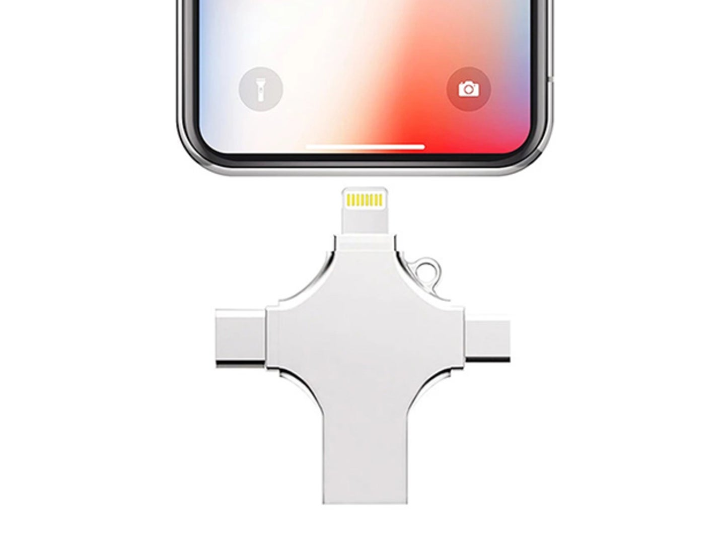 A phone flash drive being plugged into an iPhone