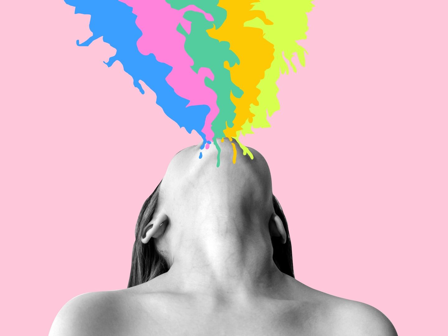 Woman vomiting a pastel rainbow upwards on a pink background
