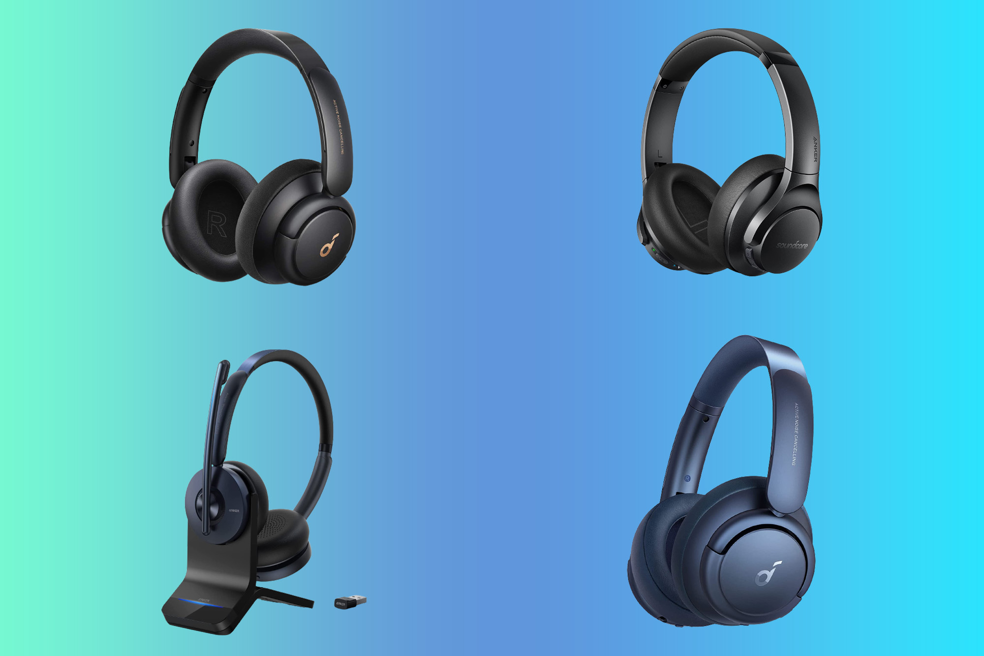 Anker wireless headphones on a blue and green gradient background