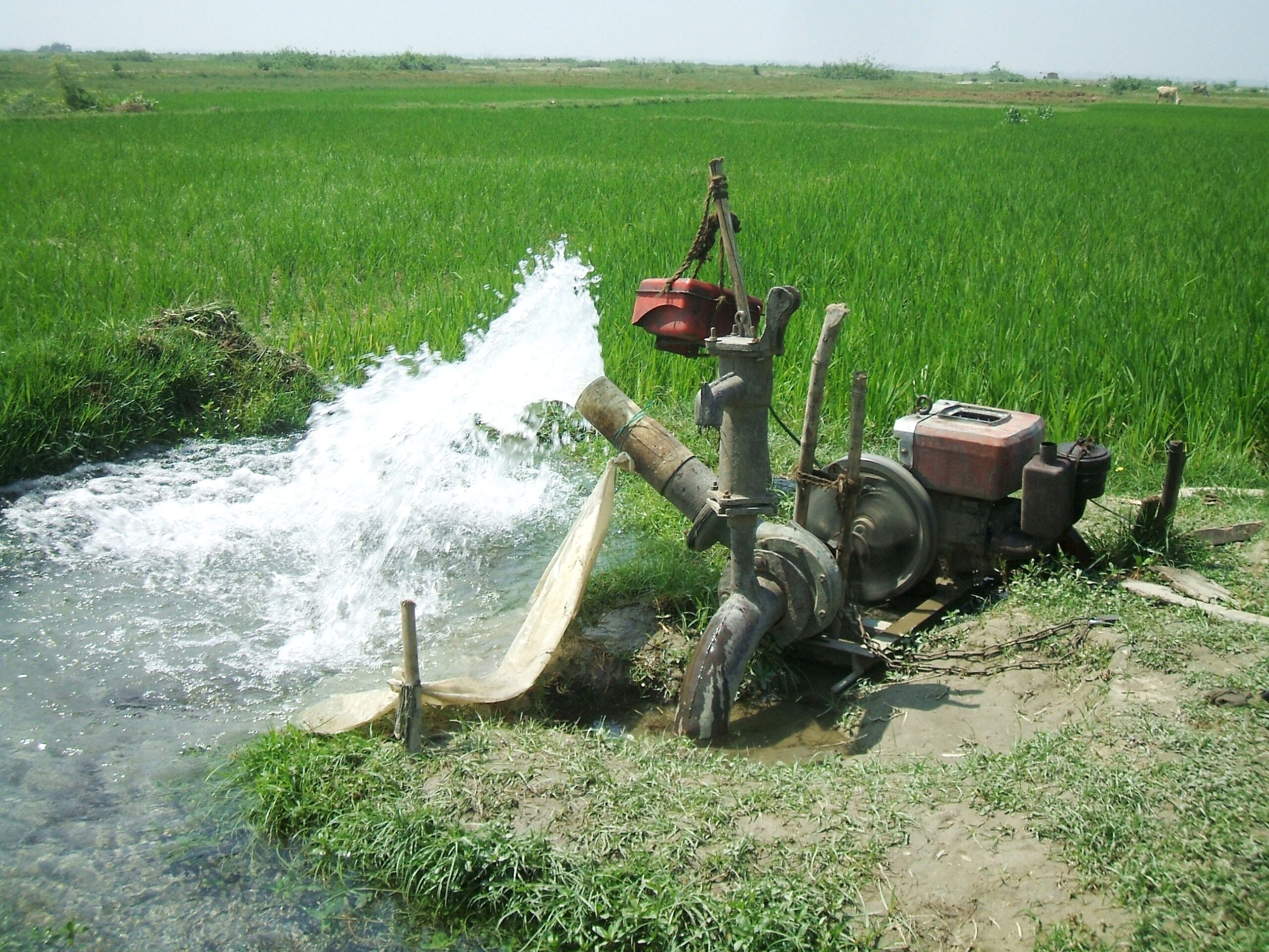 Groundwater pumps like this one deliver water from below to farms in Bangladesh.