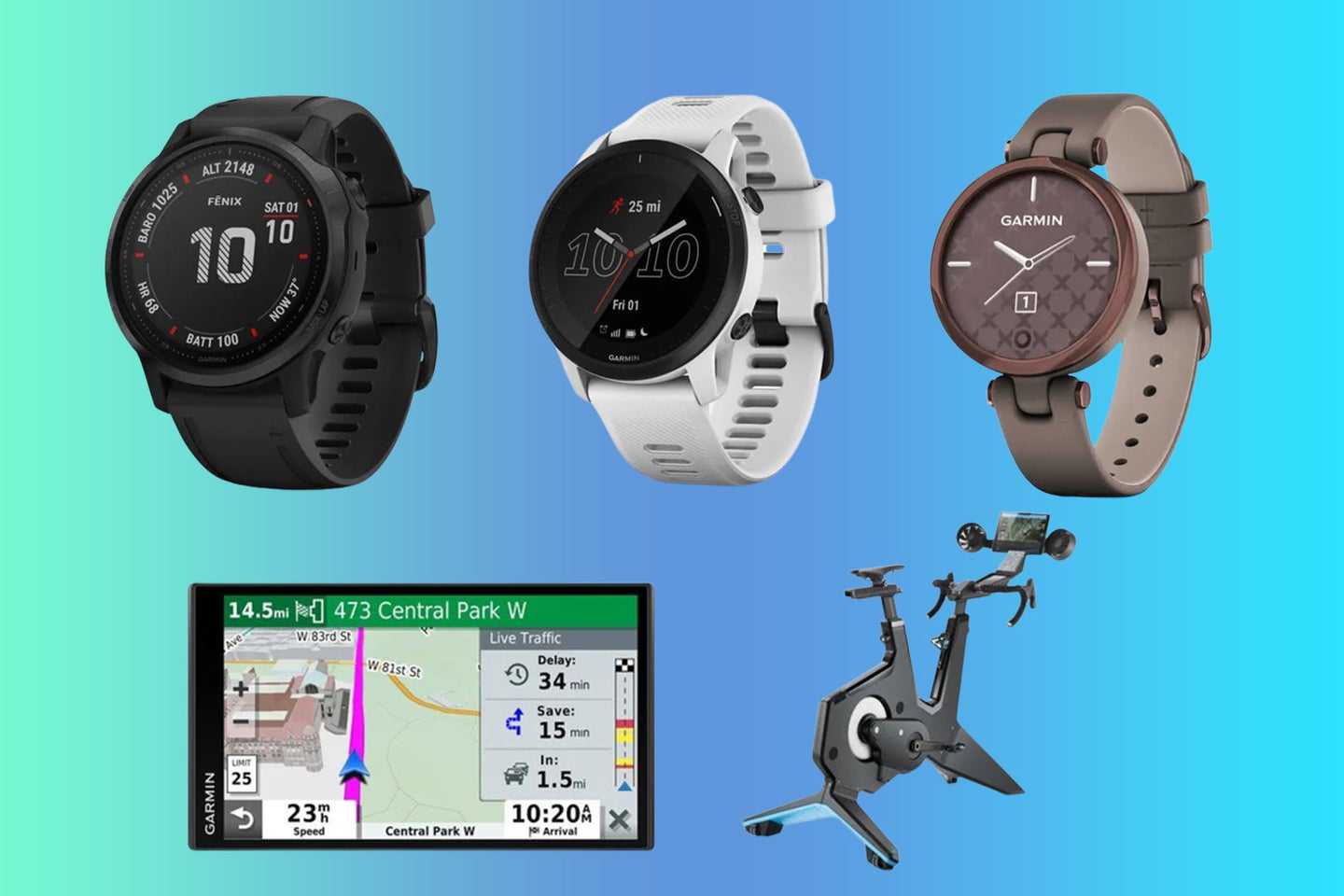 A lineup of garmin watches and other products on a blue and green gradient background