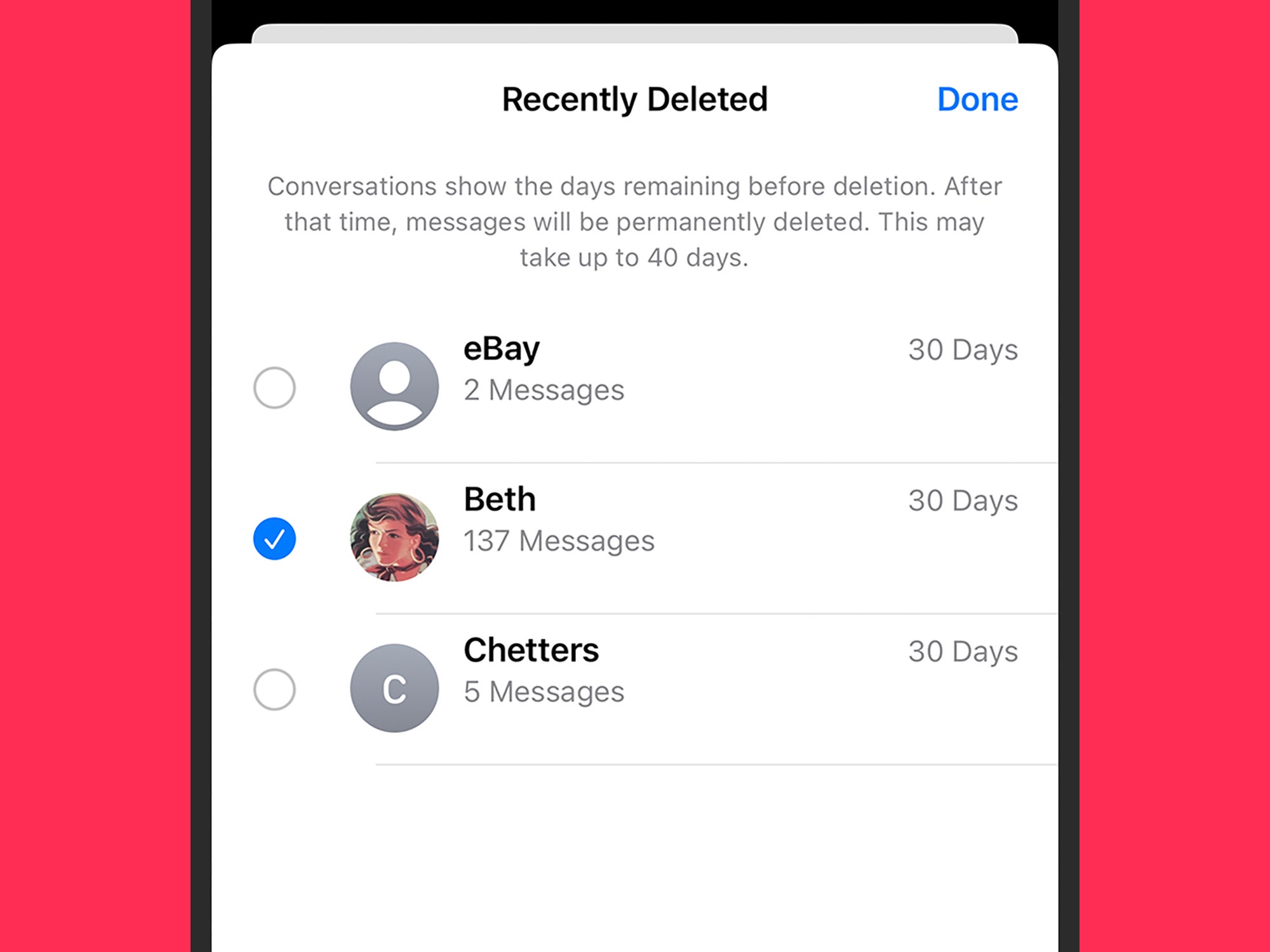 The Recently Deleted Messages folder on an iPhone showing a blue check mark next to Beth's 137 messages that must be recovered before they can be permanently deleted.