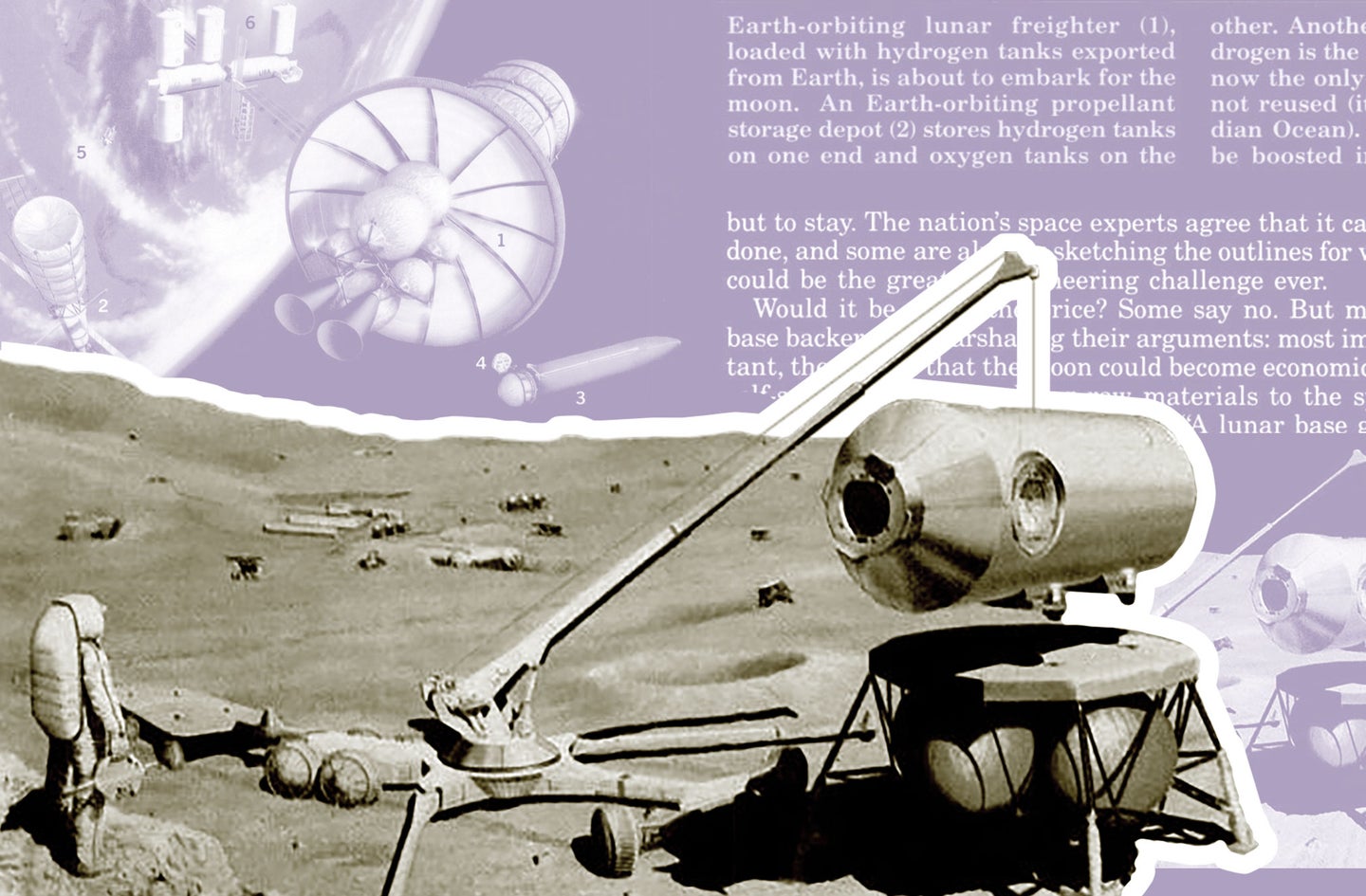 a black, white, and purple stylized illustration of an astronaut on the moon with equipment intended to make a moonbas
