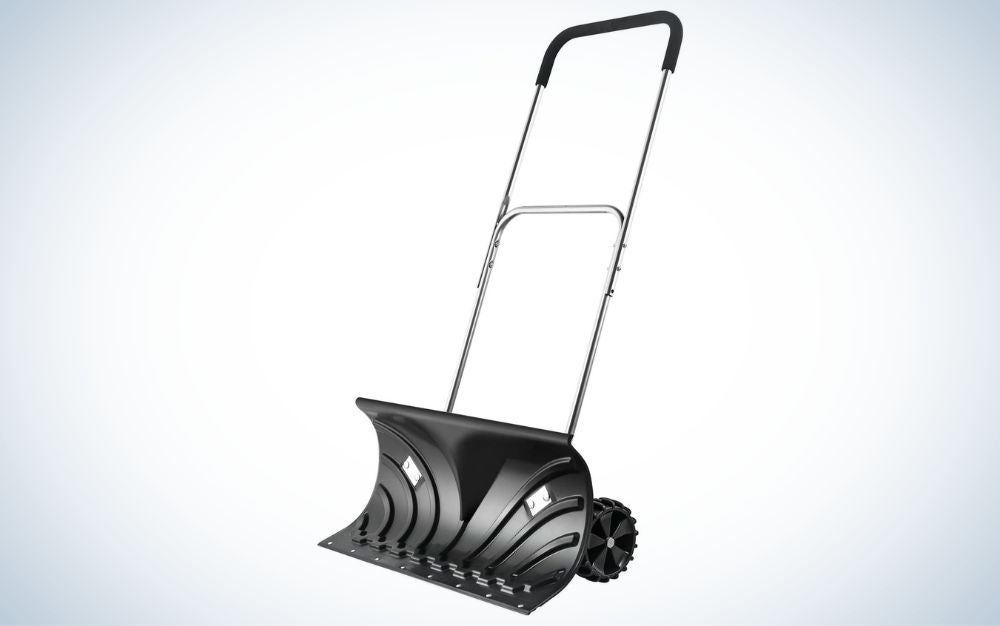 Orientools Heavy Duty Rolling Snow Pusher is the best snow shovel with wheels for seniors.