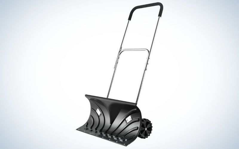 Orientools Heavy Duty Rolling Snow Pusher is the best snow shovel with wheels for seniors.