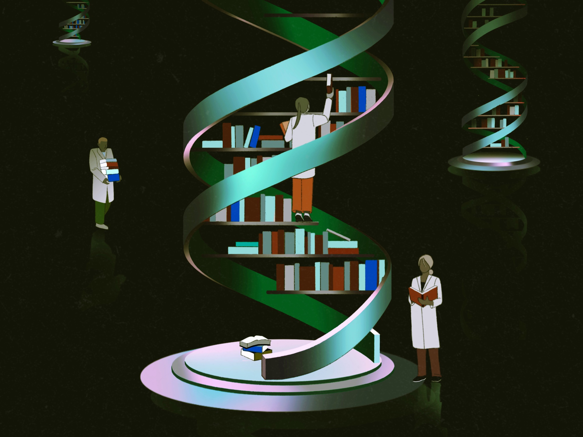 depiction of dna as library bookshelves