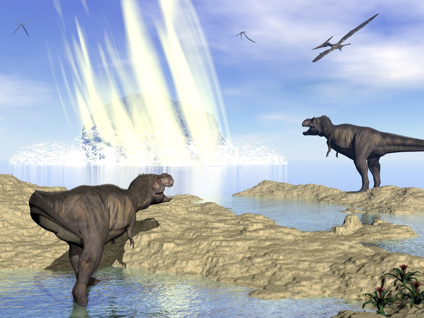 An illustration of the asteroid that wiped out the dinosaurs.