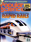 a popular science magazine cover with an illustration of a high speed rail train. the title reads '310-mph maglev trains for U.S. cities rapid rails'