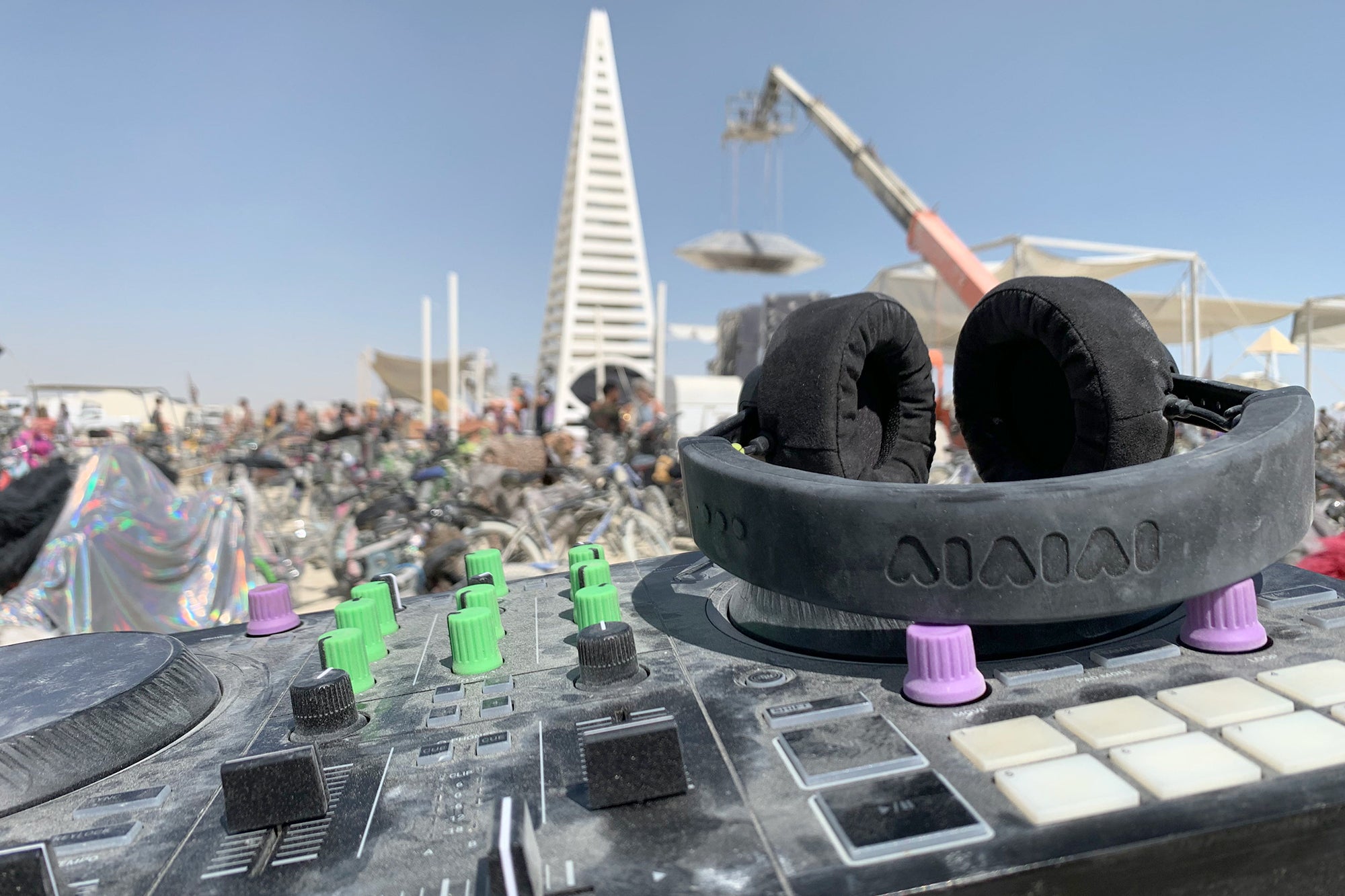 AIAIAI TMA-2 on a mixer in front of Burning Man's Sound City