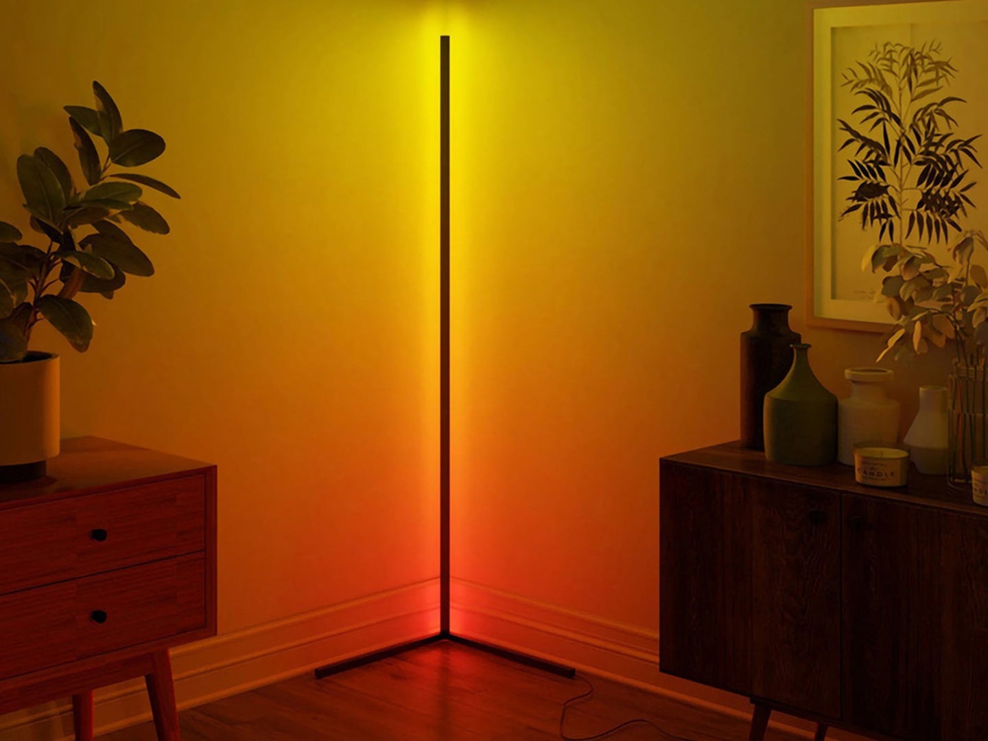 A corner lamp sits in a living room