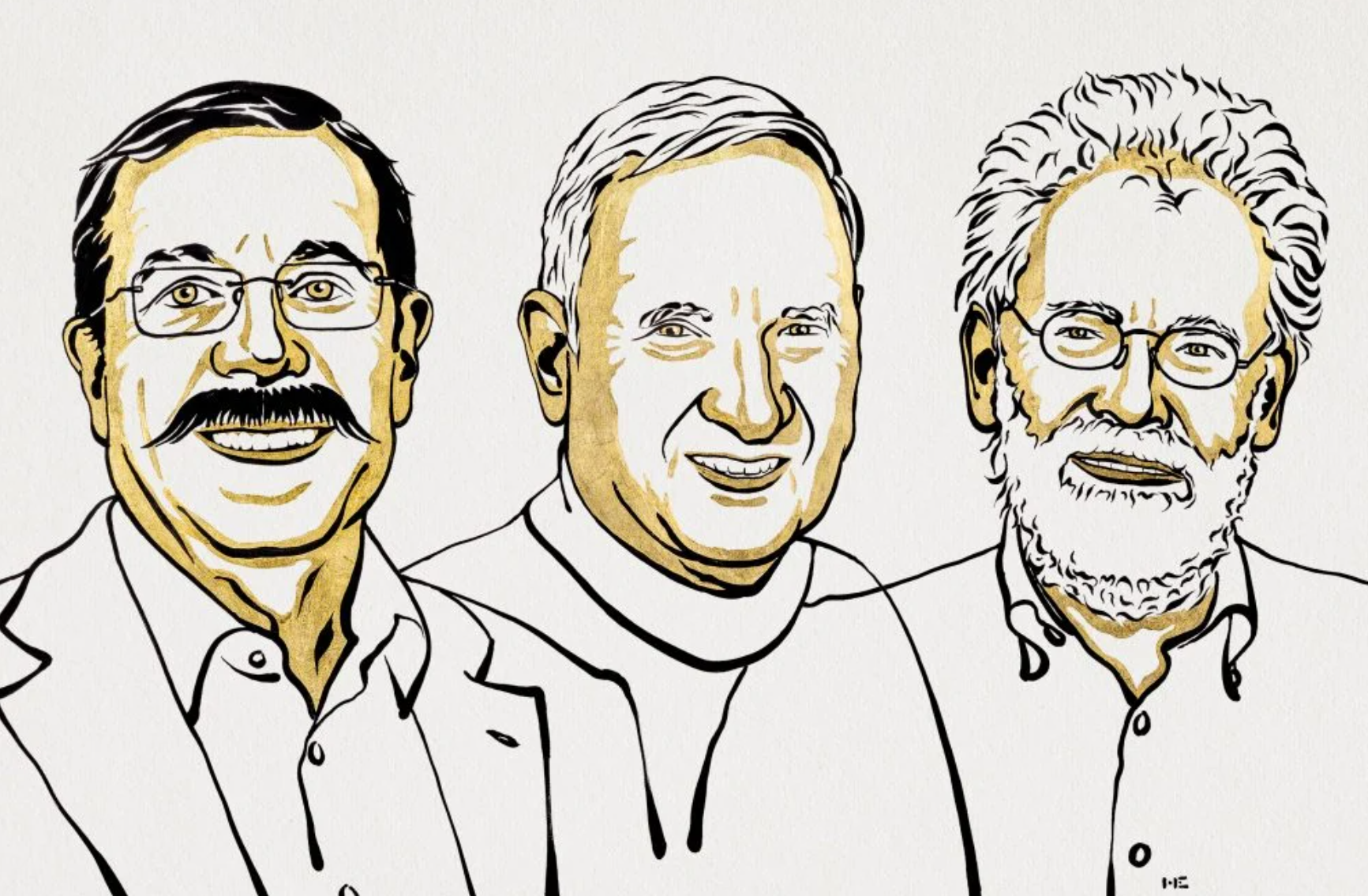 Nobel Prize Physics 2022 winners Alain Aspect, John F. Clauser and Anton Zeilinger in gold and black illustration
