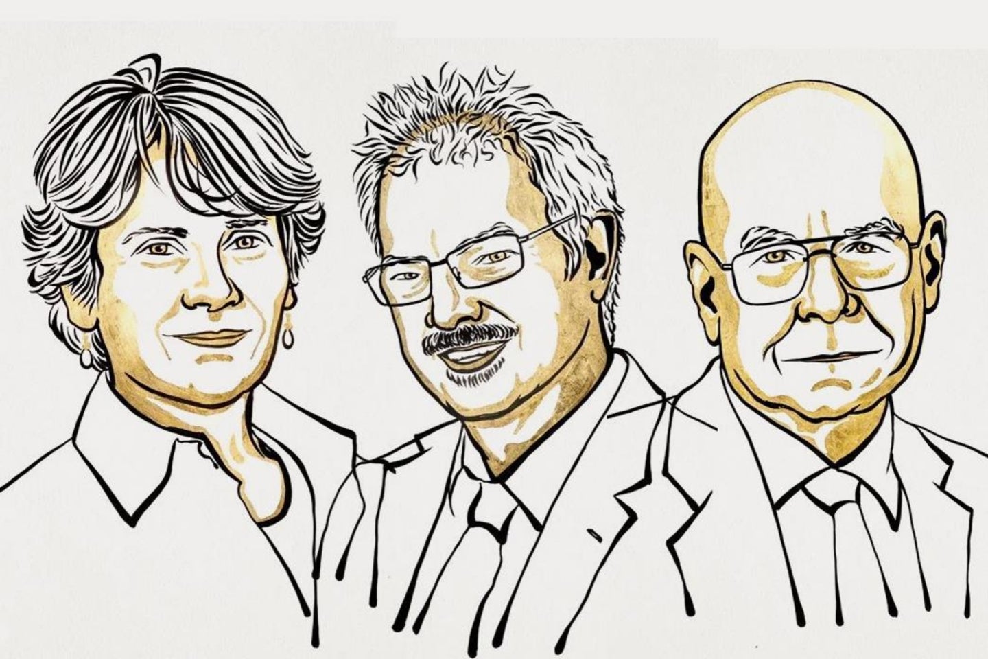 2022 Nobel Prize in Chemistry winners Carolyn Bertozzi, Morten Meldal, and K. Barry Sharpless in a gold and black illustration