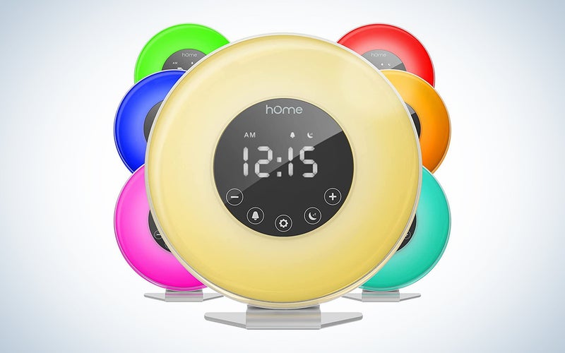 A hOmeLabs Sunrise Alarm Clock on a blue and white background