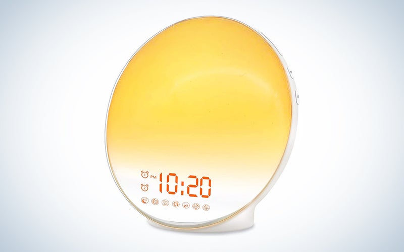 The JALL Wake Up Sunrise Alarm Clock on a blue and white backdrop