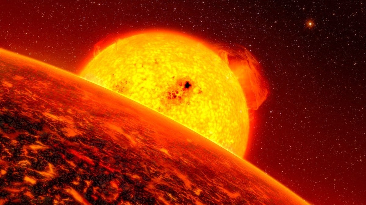 an illustration of a burning planet next to a sun