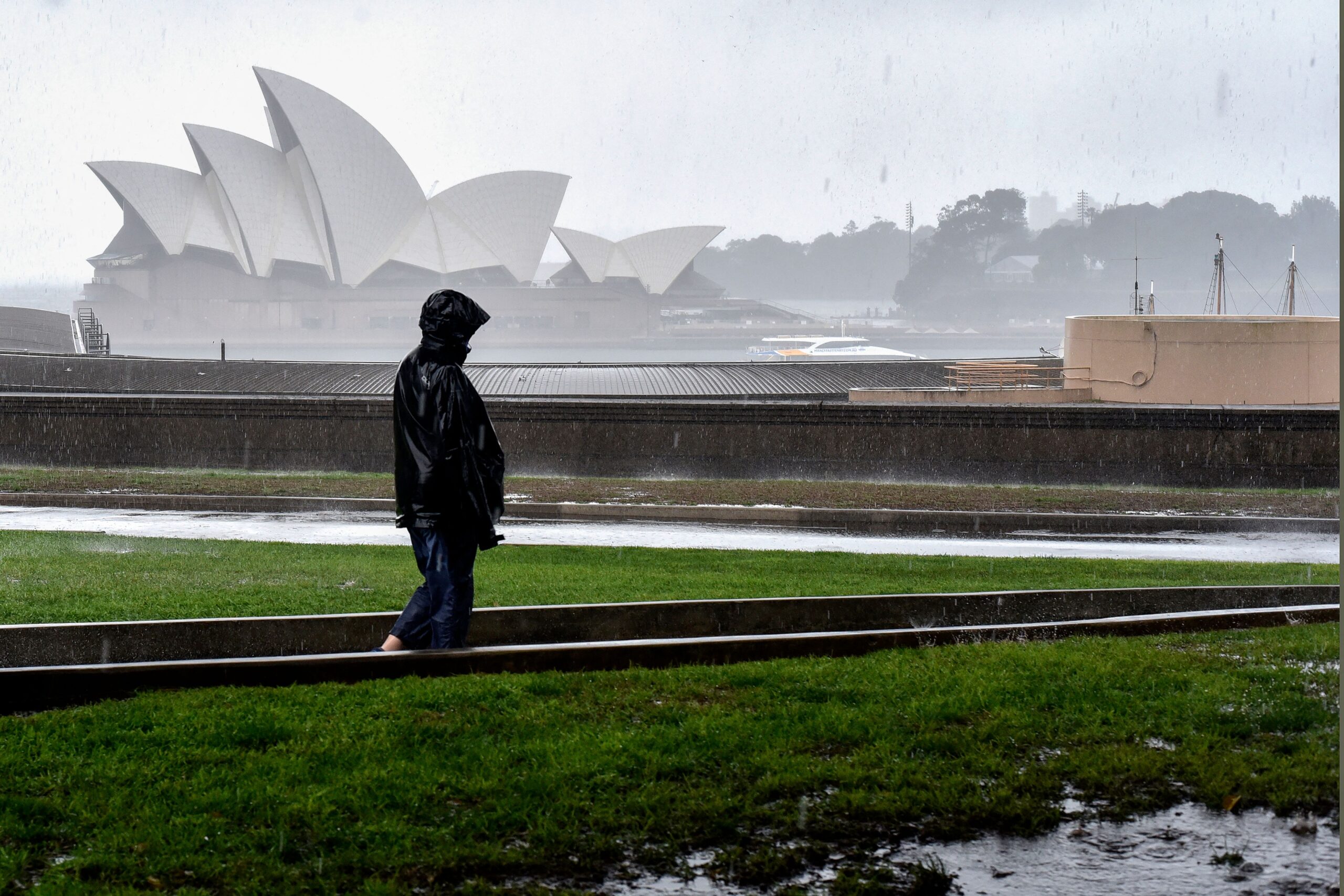 Rain pours down on the Sydney Opera House on October 6, 2022.