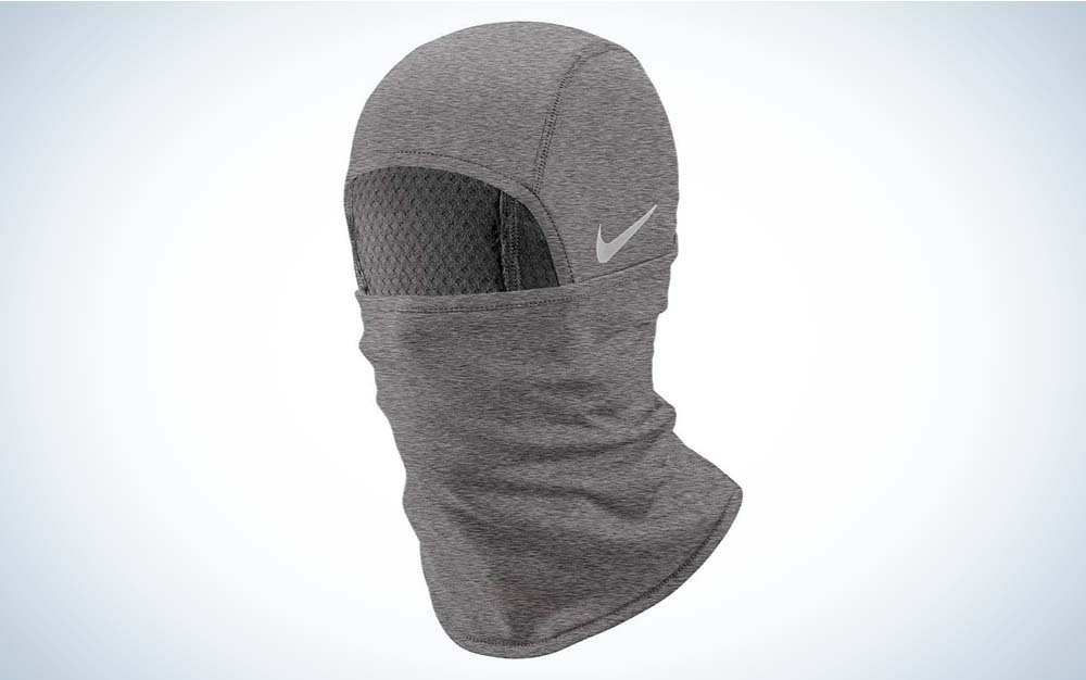 A gray face, neck, and head covering that's the Nike Therma Sphere Hood.